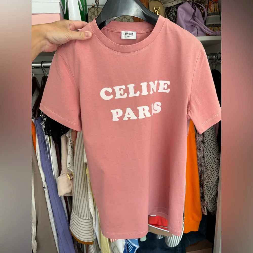 Celine Paris Logo Print Cotton T-Shirt Dust Pink Size Medium Scoop Neck Women’s - Picture 7 of 10